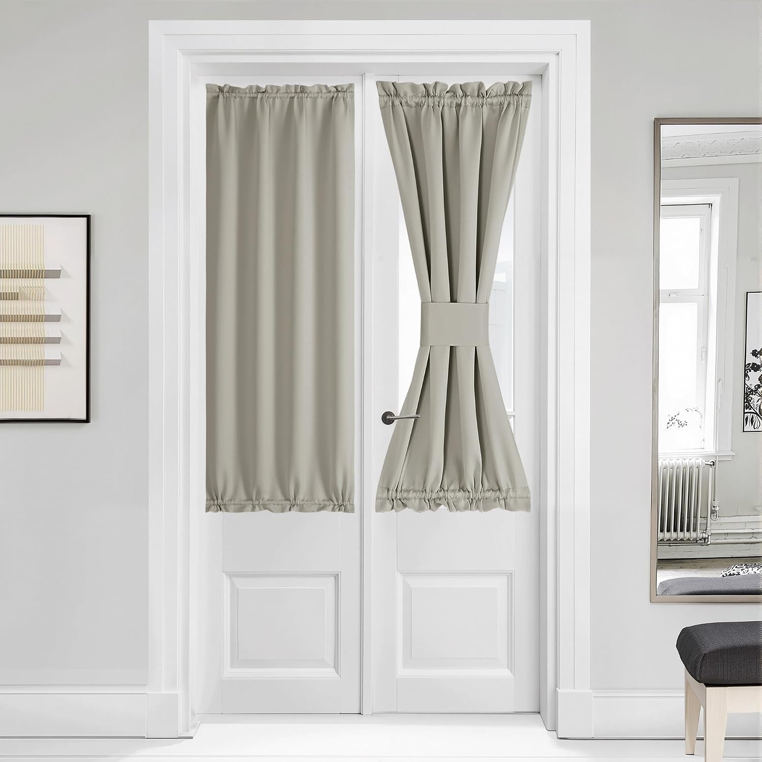 image:imageNICETOWN Stone Blue Blackout Door Curtains with Tieback for French WindowNatural