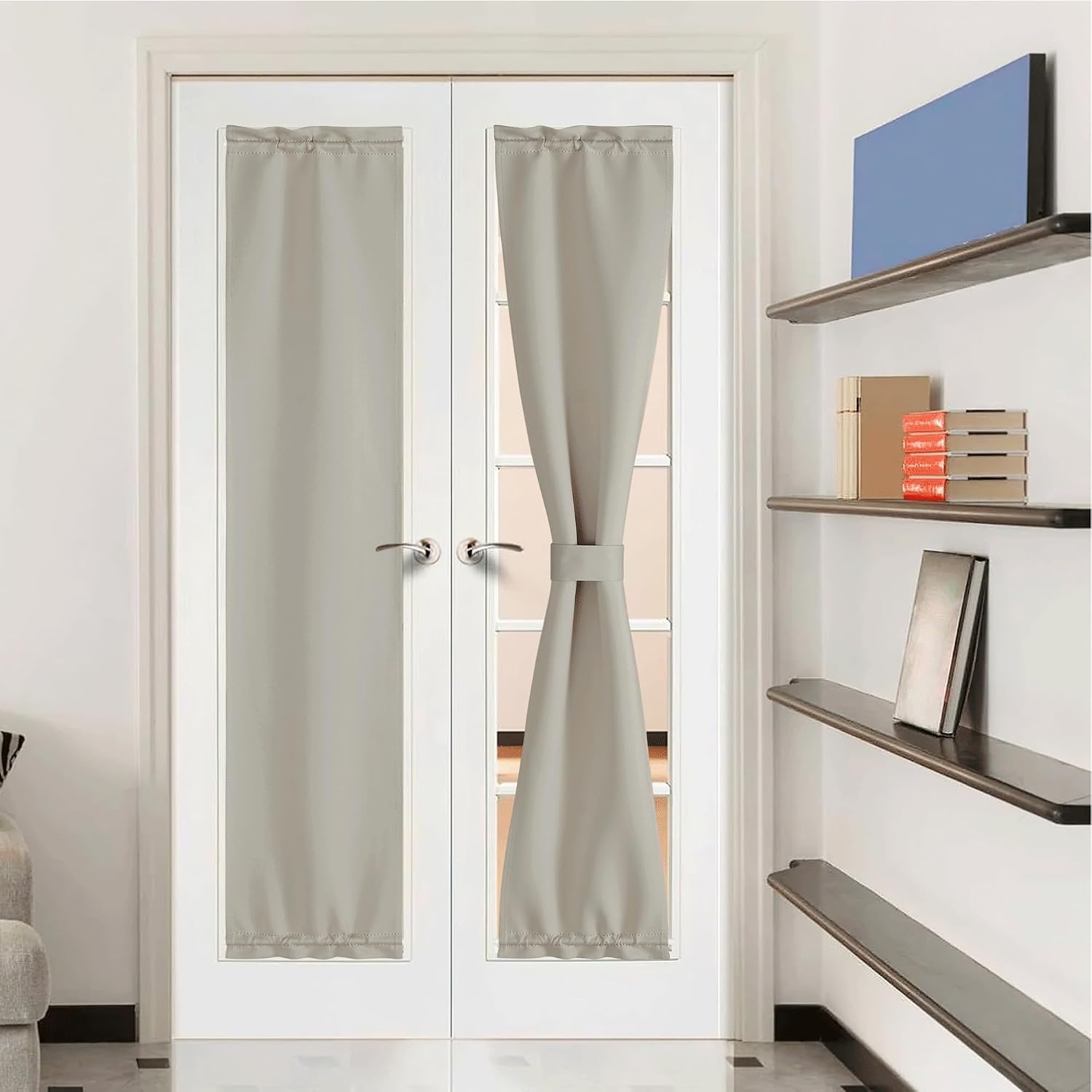 image:imageNICETOWN Stone Blue Blackout Door Curtains with Tieback for French WindowNatural