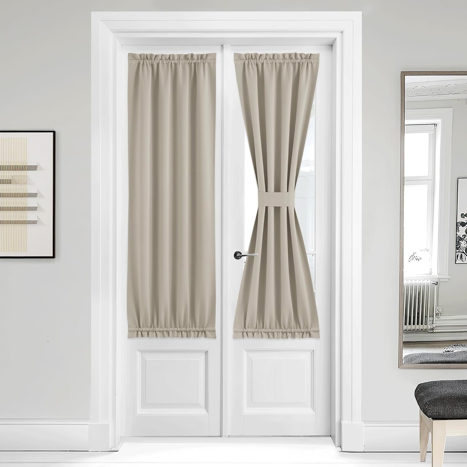 image:imageNICETOWN Stone Blue Blackout Door Curtains with Tieback for French WindowNatural