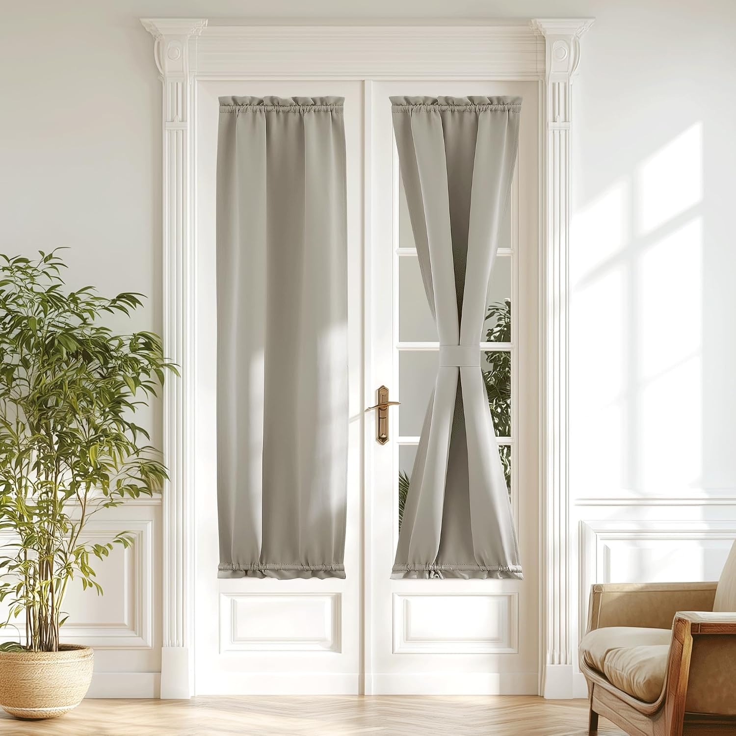 image:imageNICETOWN Stone Blue Blackout Door Curtains with Tieback for French WindowNatural
