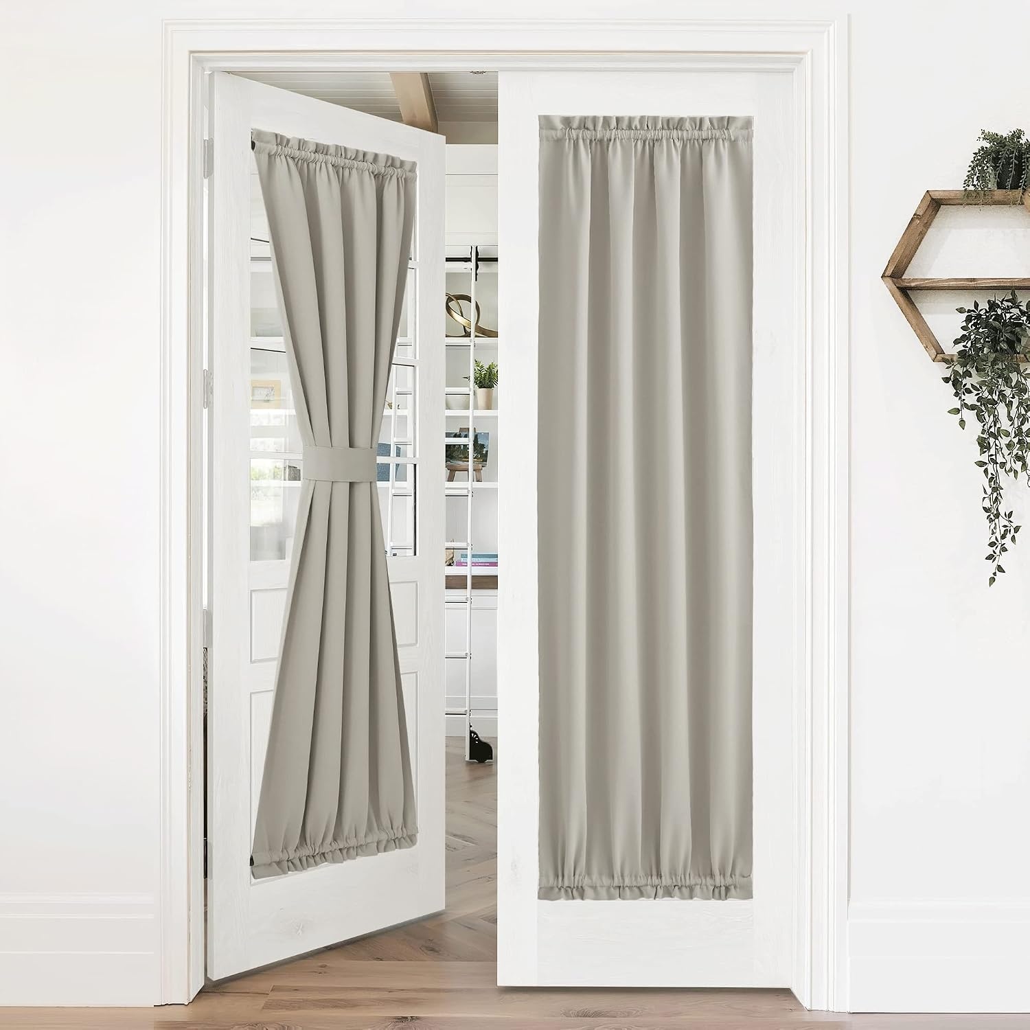 image:imageNICETOWN Stone Blue Blackout Door Curtains with Tieback for French WindowNatural