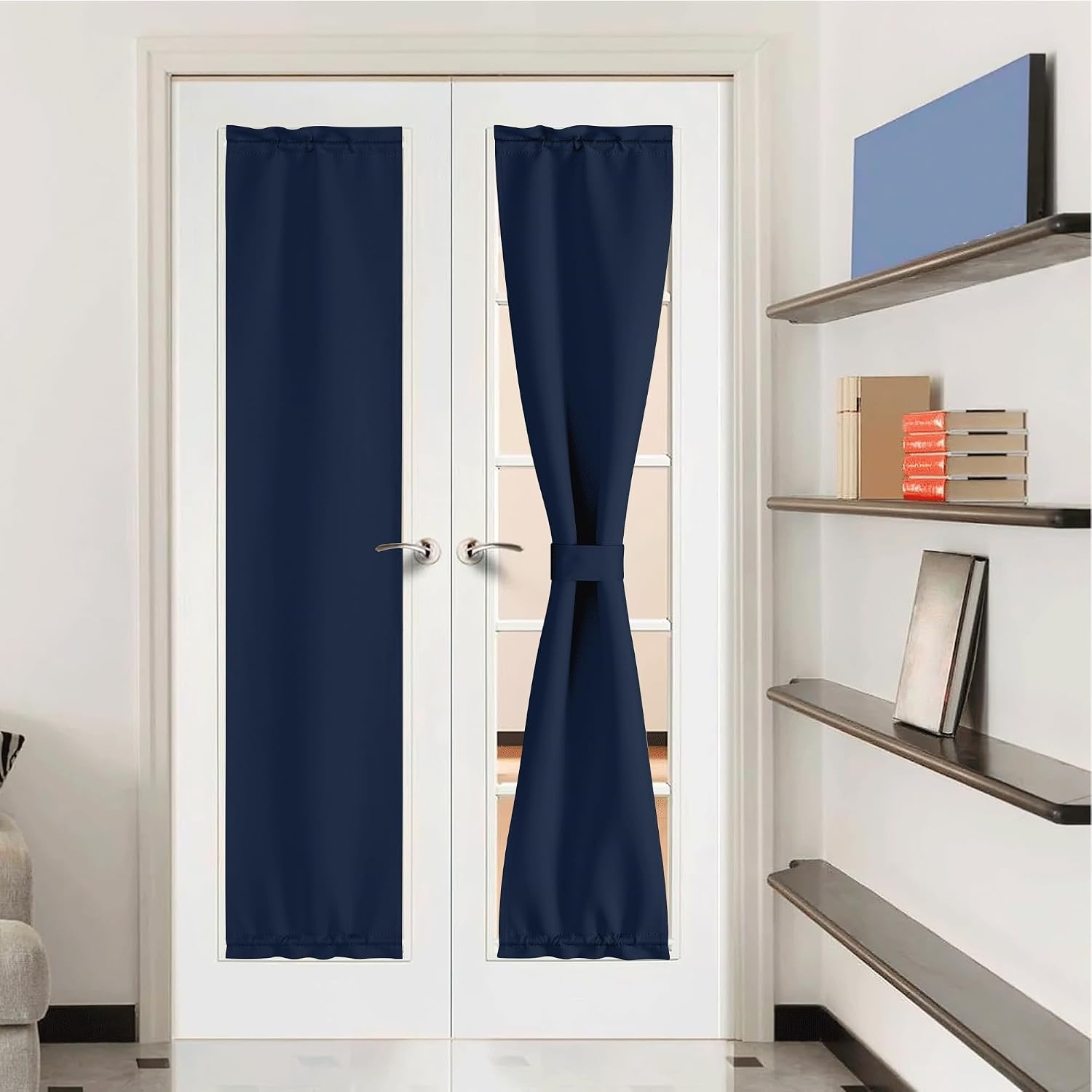 image:imageNICETOWN Stone Blue Blackout Door Curtains with Tieback for French WindowNavy