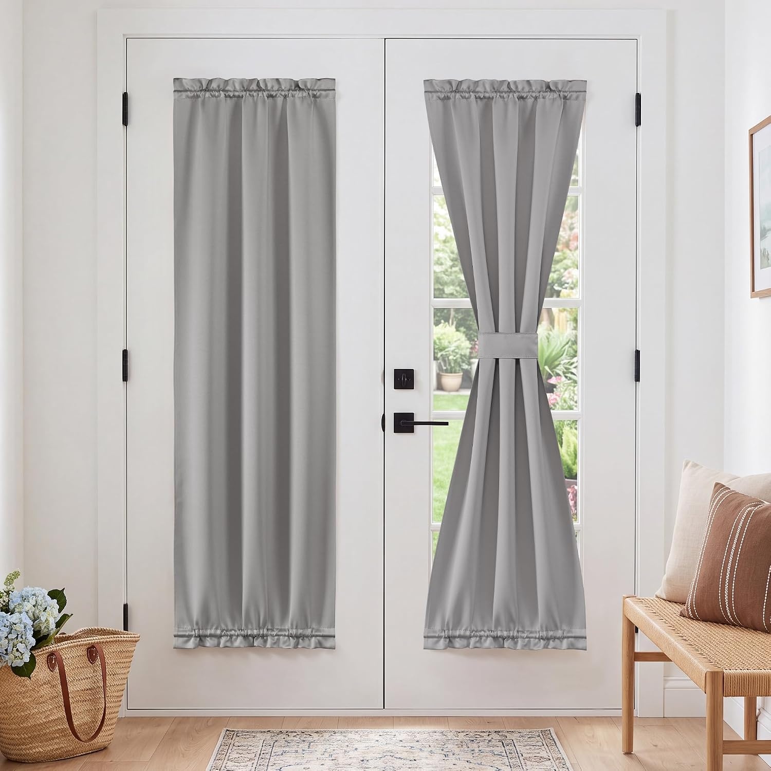 image:imageNICETOWN Stone Blue Blackout Door Curtains with Tieback for French WindowPewter