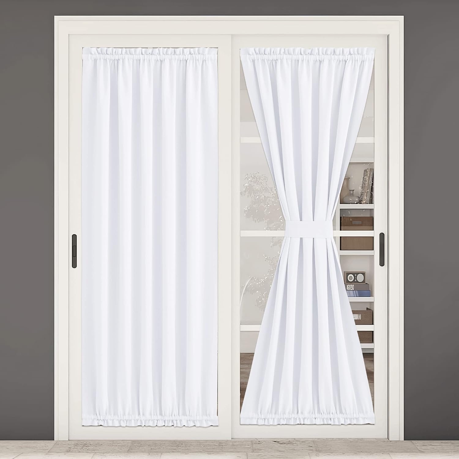 image:imageNICETOWN Stone Blue Blackout Door Curtains with Tieback for French WindowPure White