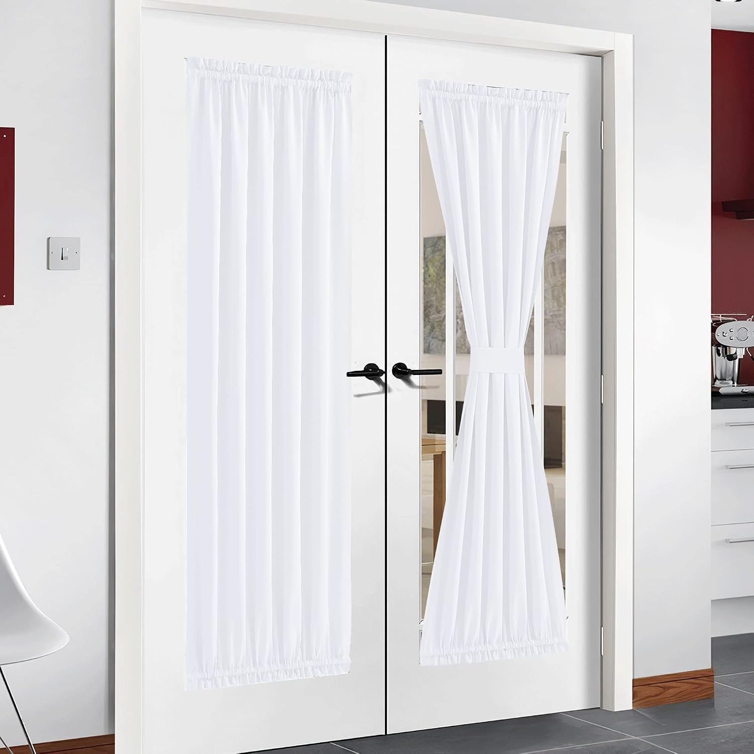 image:imageNICETOWN Stone Blue Blackout Door Curtains with Tieback for French WindowPure White