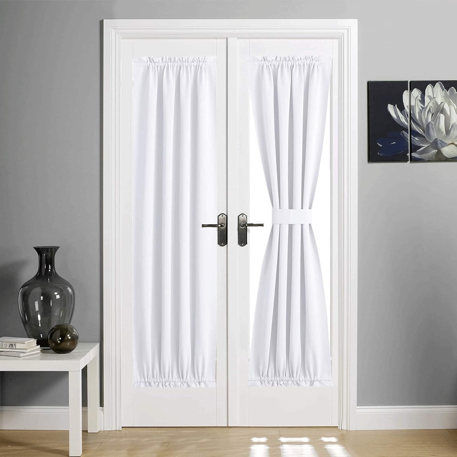 image:imageNICETOWN Stone Blue Blackout Door Curtains with Tieback for French WindowPure White