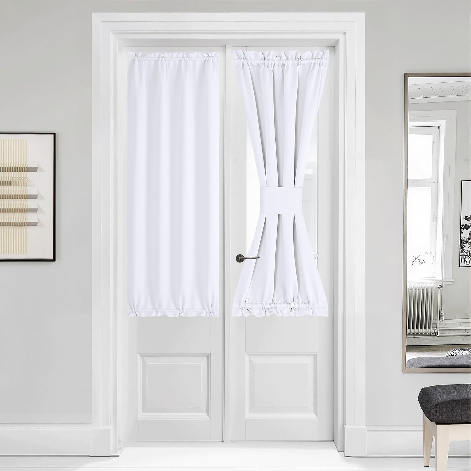 image:imageNICETOWN Stone Blue Blackout Door Curtains with Tieback for French WindowPure White
