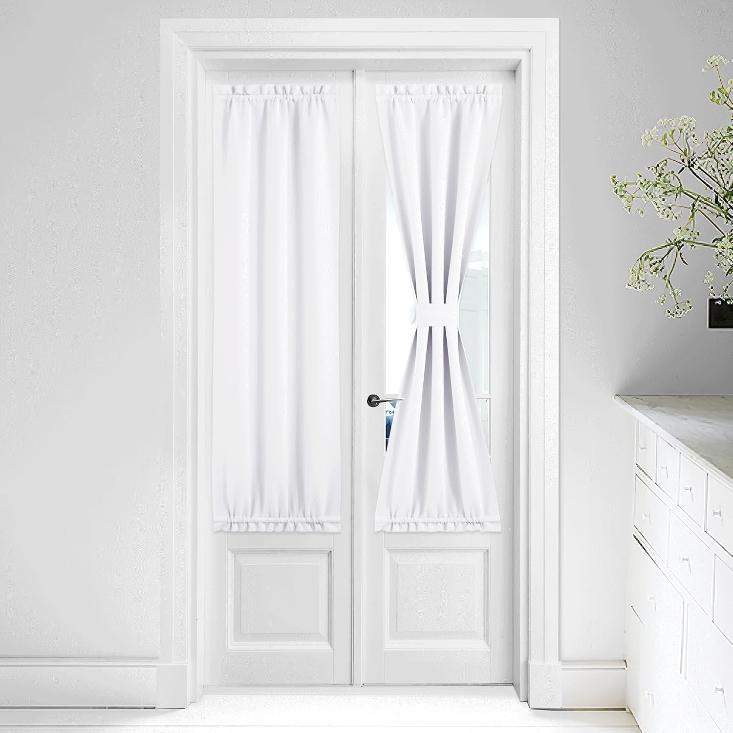 image:imageNICETOWN Stone Blue Blackout Door Curtains with Tieback for French WindowPure White