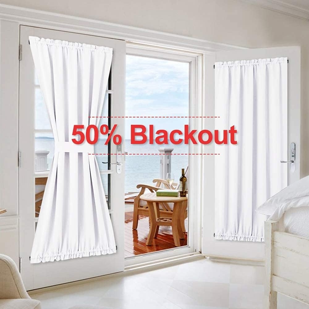 image:imageNICETOWN Stone Blue Blackout Door Curtains with Tieback for French WindowPure White