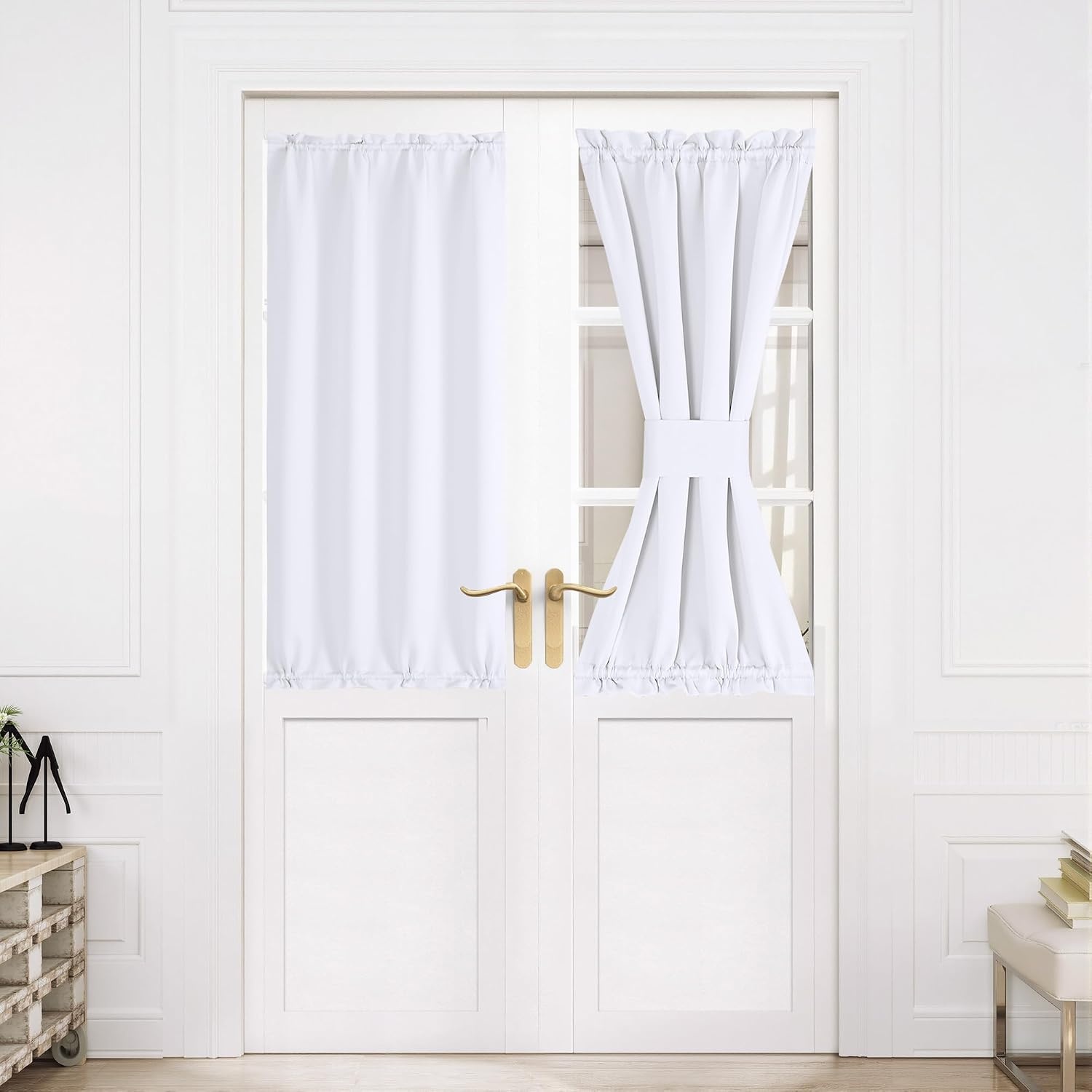 image:imageNICETOWN Stone Blue Blackout Door Curtains with Tieback for French WindowPure White