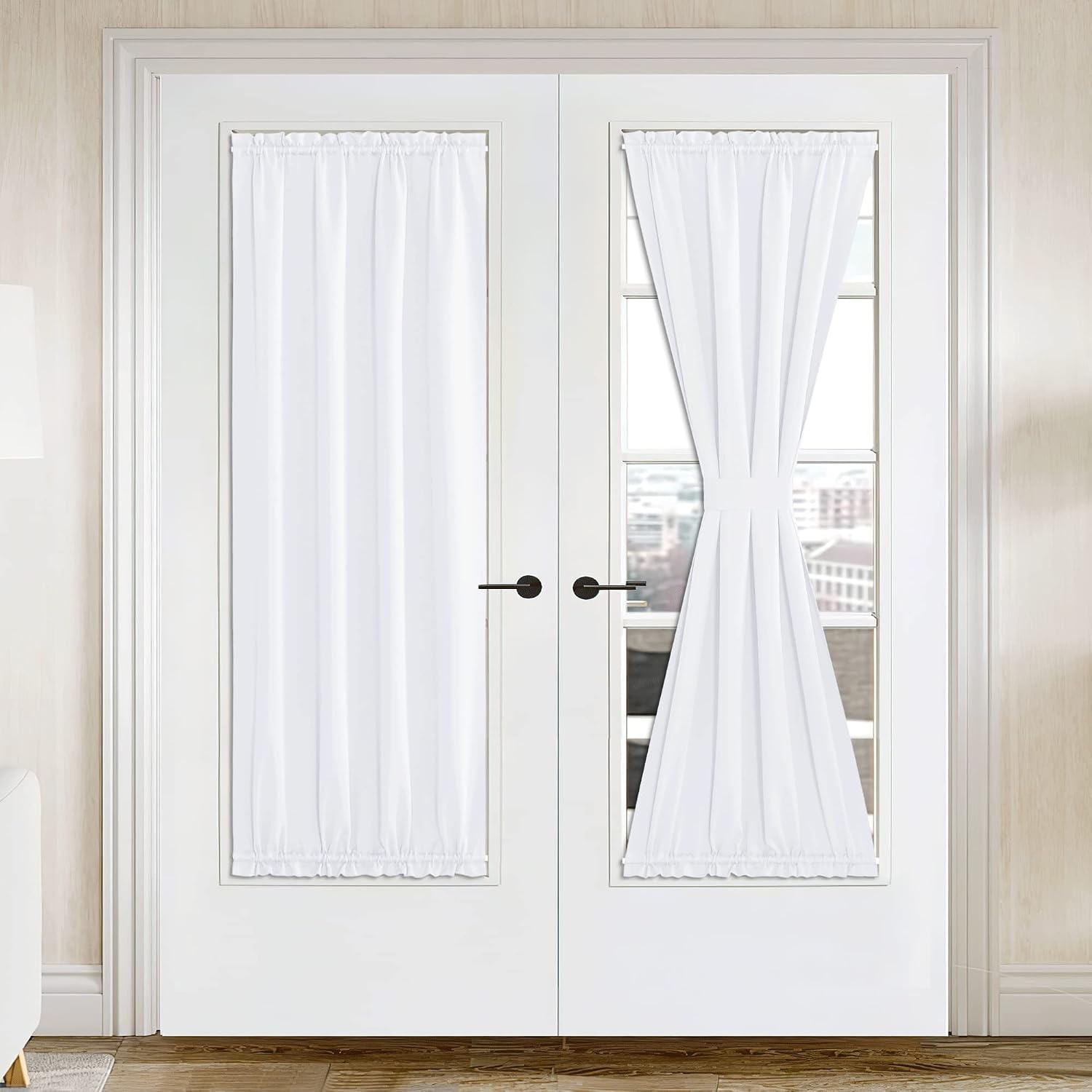 image:imageNICETOWN Stone Blue Blackout Door Curtains with Tieback for French WindowPure White