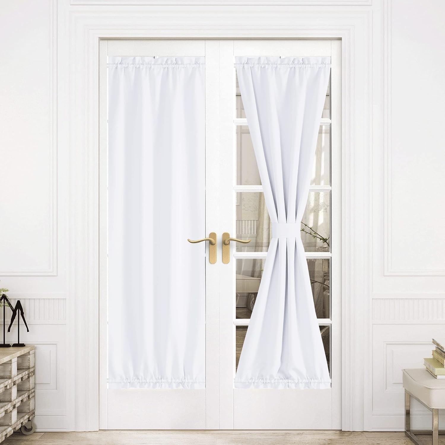image:imageNICETOWN Stone Blue Blackout Door Curtains with Tieback for French WindowPure White