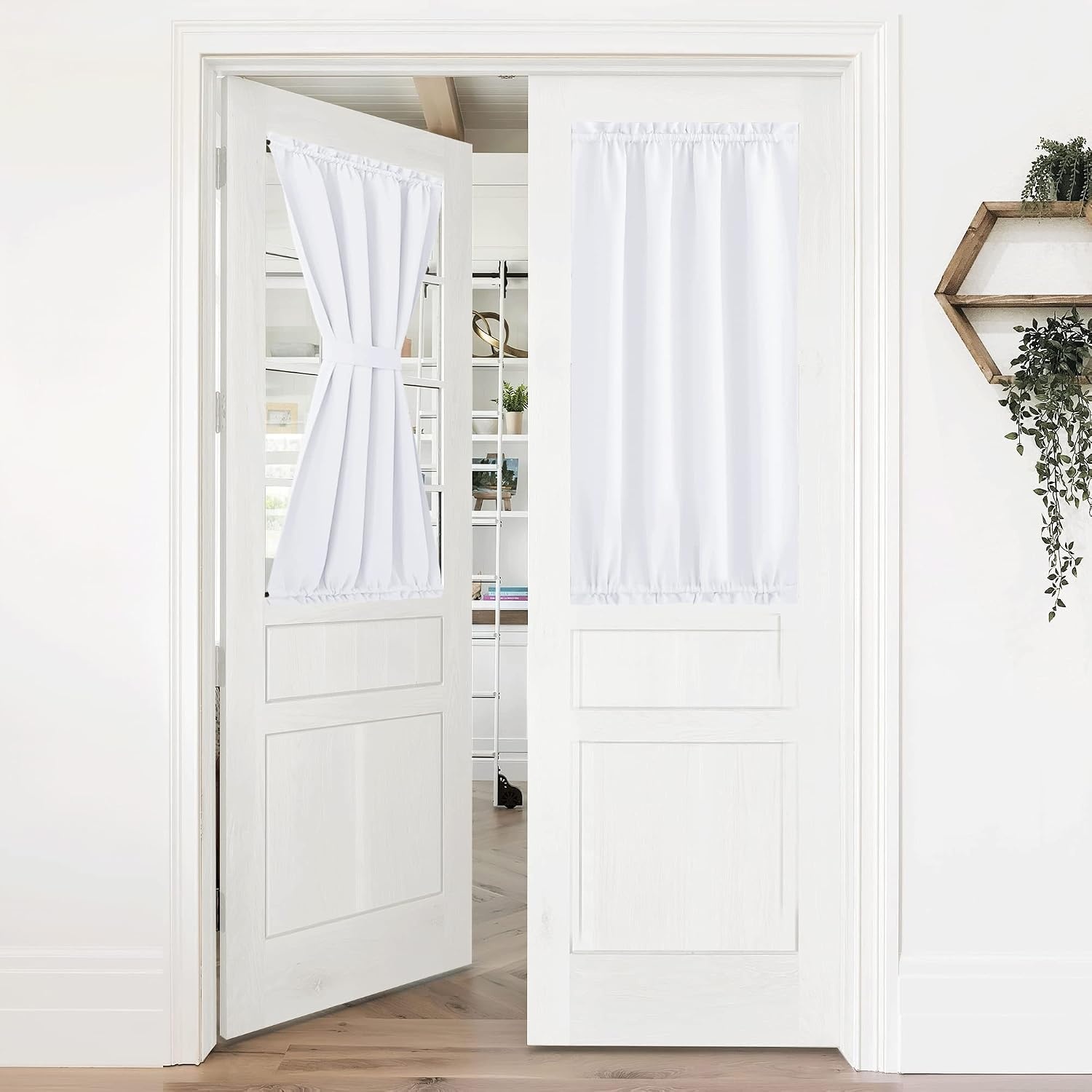 image:imageNICETOWN Stone Blue Blackout Door Curtains with Tieback for French WindowPure White