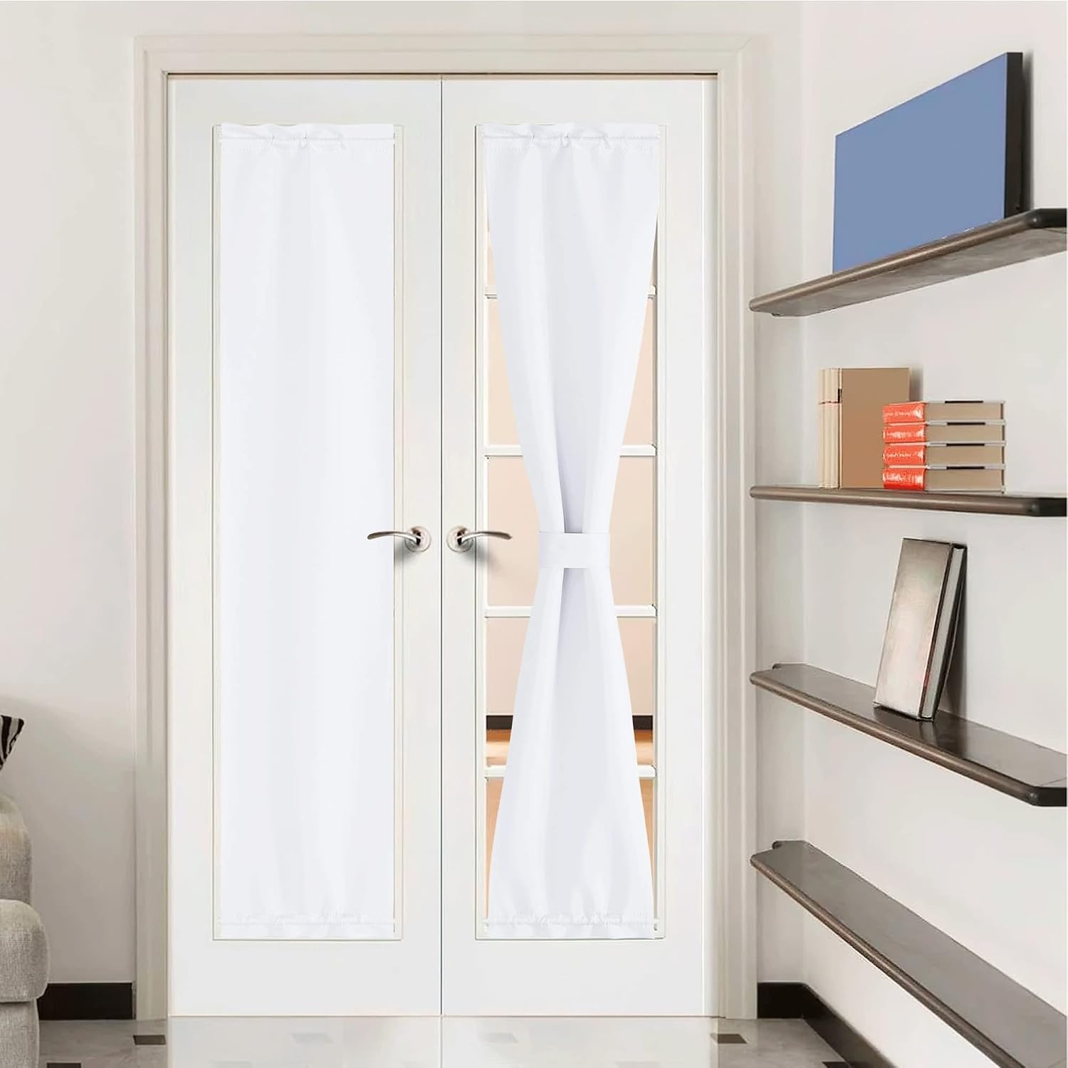 image:imageNICETOWN Stone Blue Blackout Door Curtains with Tieback for French WindowPure White