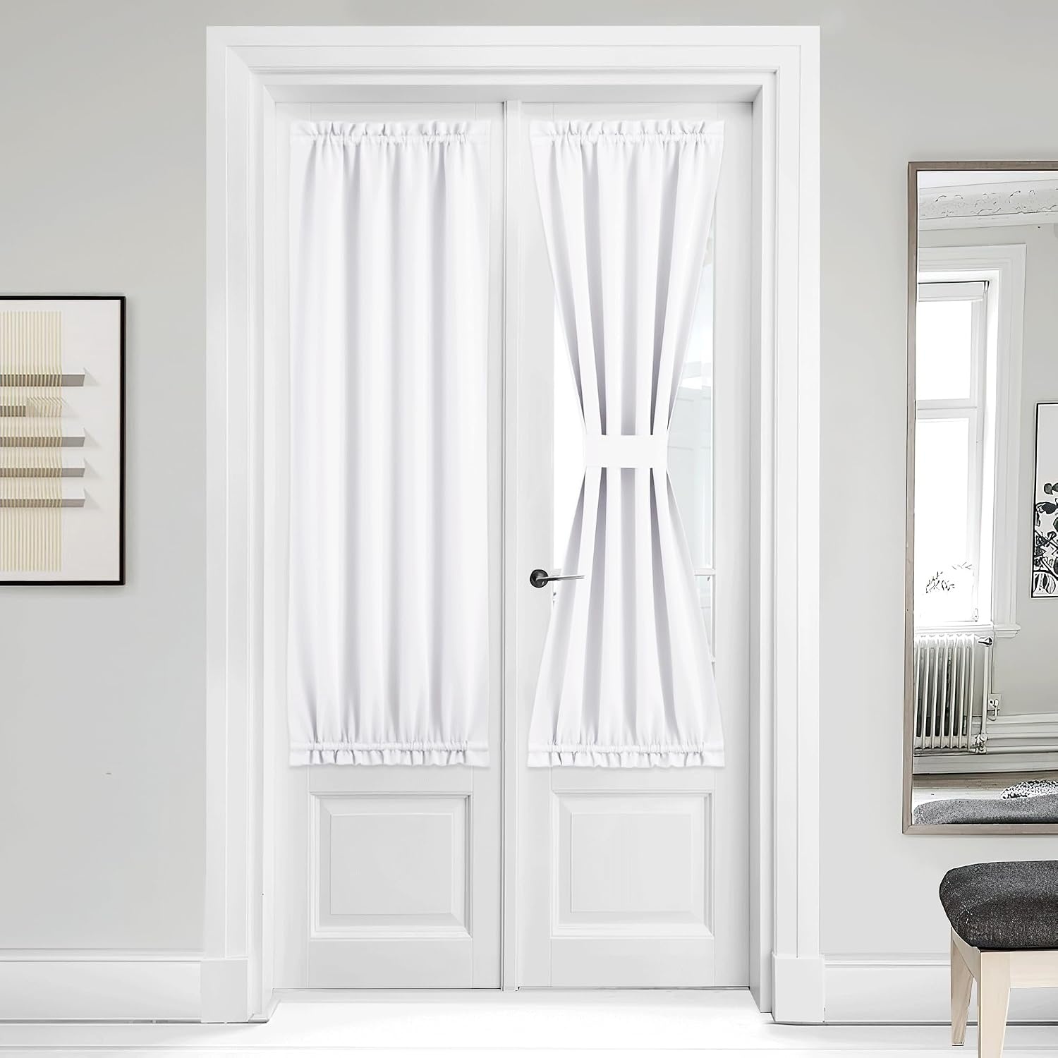 image:imageNICETOWN Stone Blue Blackout Door Curtains with Tieback for French WindowPure White