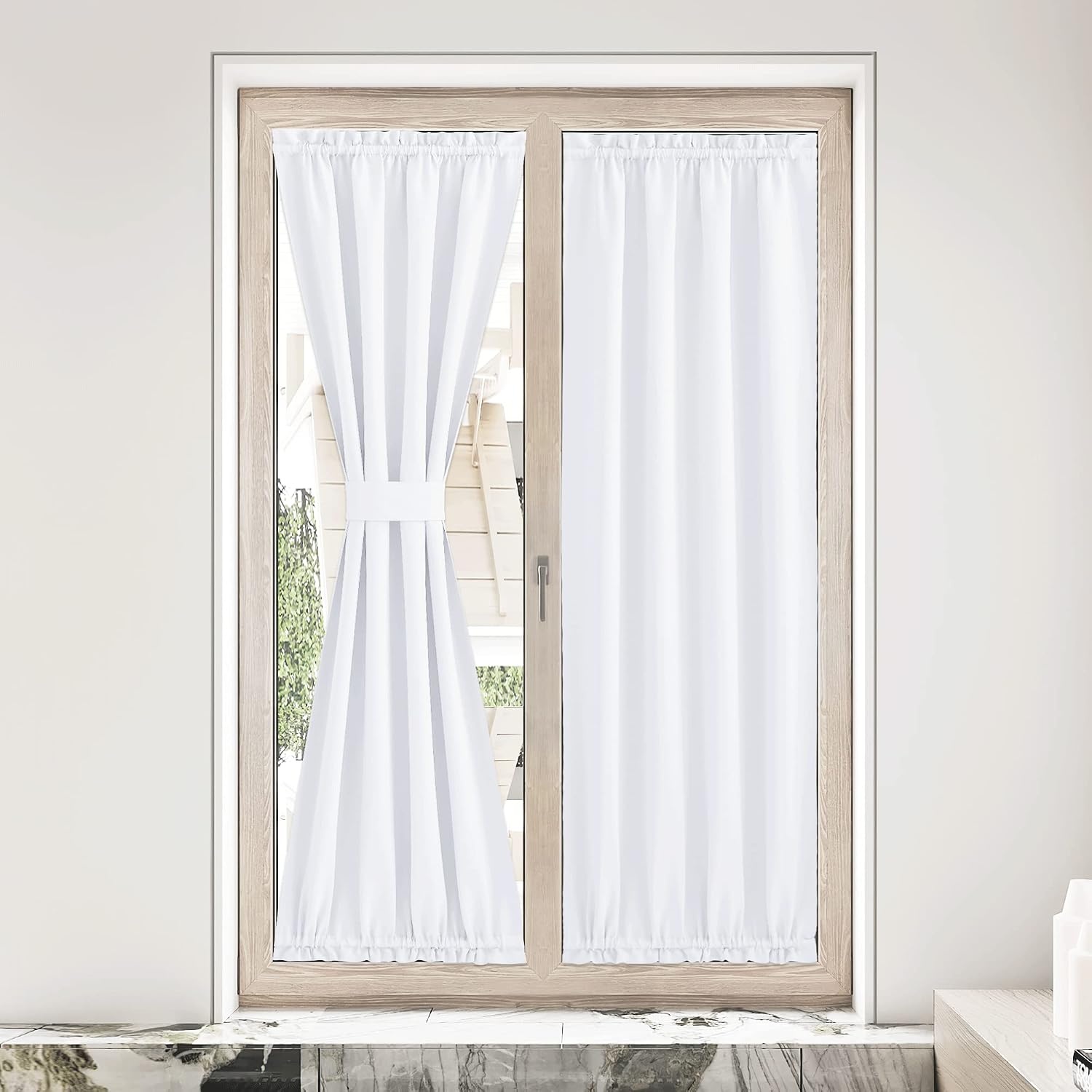 image:imageNICETOWN Stone Blue Blackout Door Curtains with Tieback for French WindowPure White