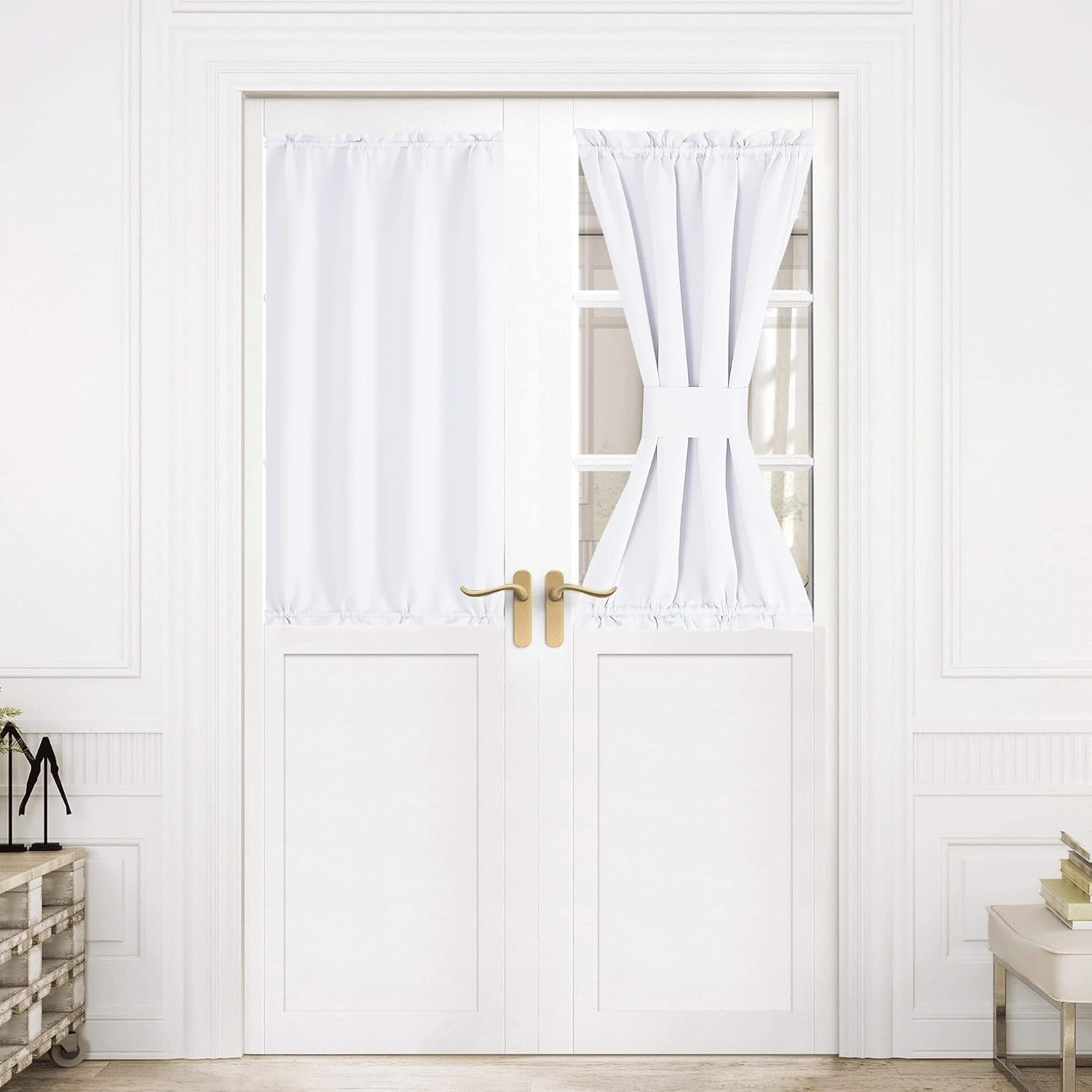 image:imageNICETOWN Stone Blue Blackout Door Curtains with Tieback for French WindowPure White