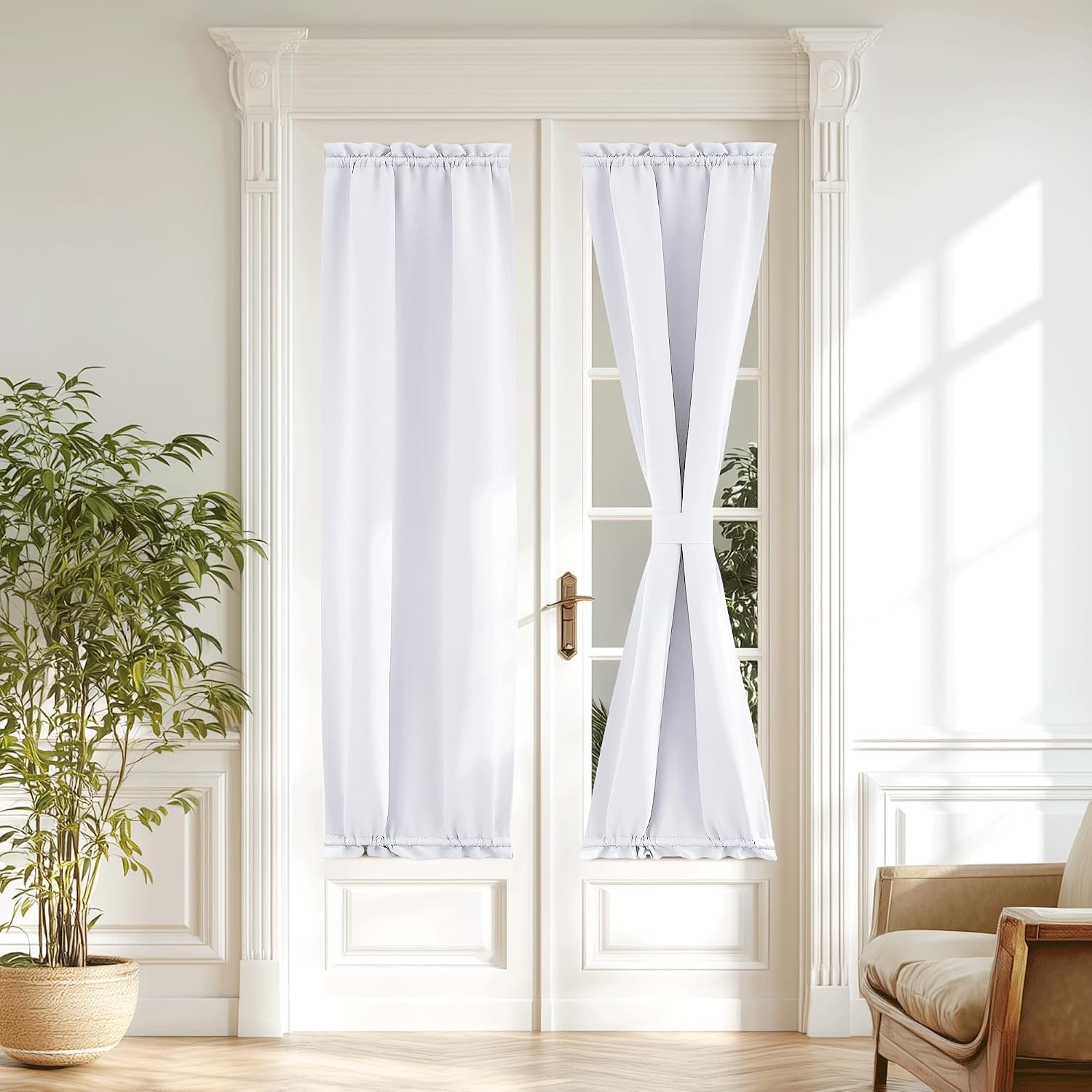 image:imageNICETOWN Stone Blue Blackout Door Curtains with Tieback for French WindowPure White