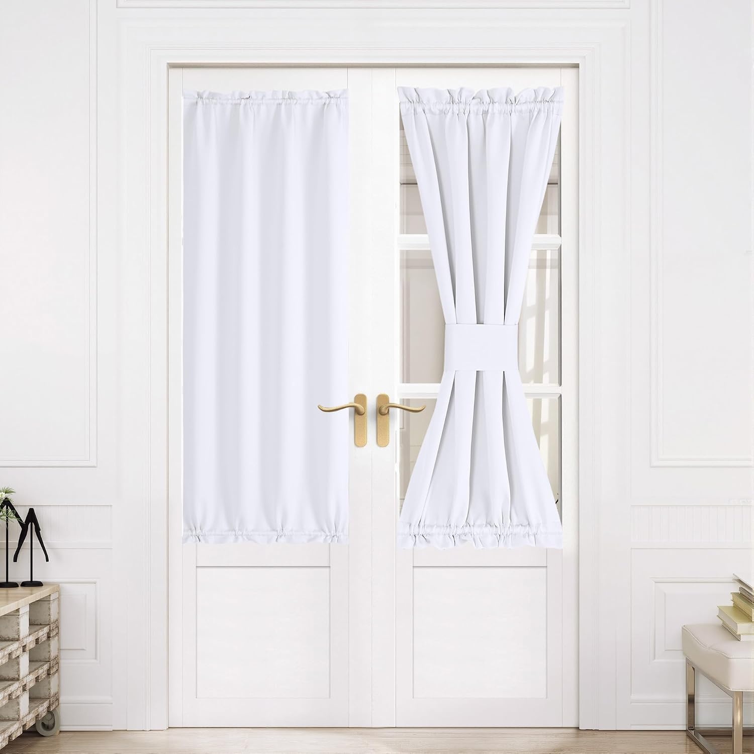 image:imageNICETOWN Stone Blue Blackout Door Curtains with Tieback for French WindowPure White