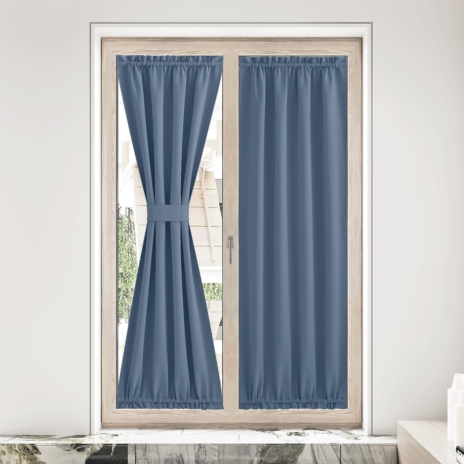 image:imageNICETOWN Stone Blue Blackout Door Curtains with Tieback for French WindowStone Blue
