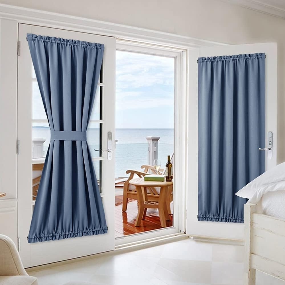 image:imageNICETOWN Stone Blue Blackout Door Curtains with Tieback for French WindowStone Blue