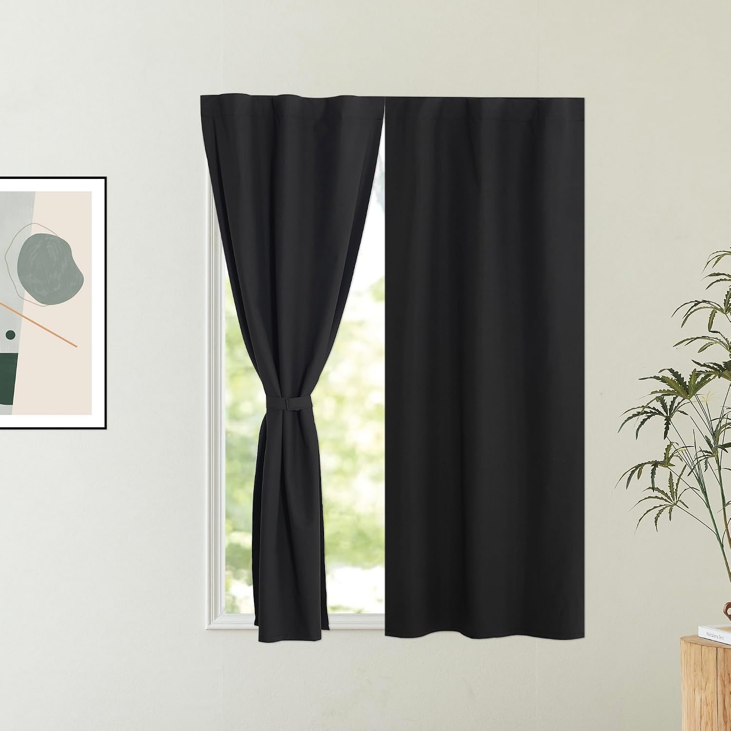 image:imageNICETOWN Stone Blue Blackout Door Curtains with Tieback for French WindowWith Pole Black
