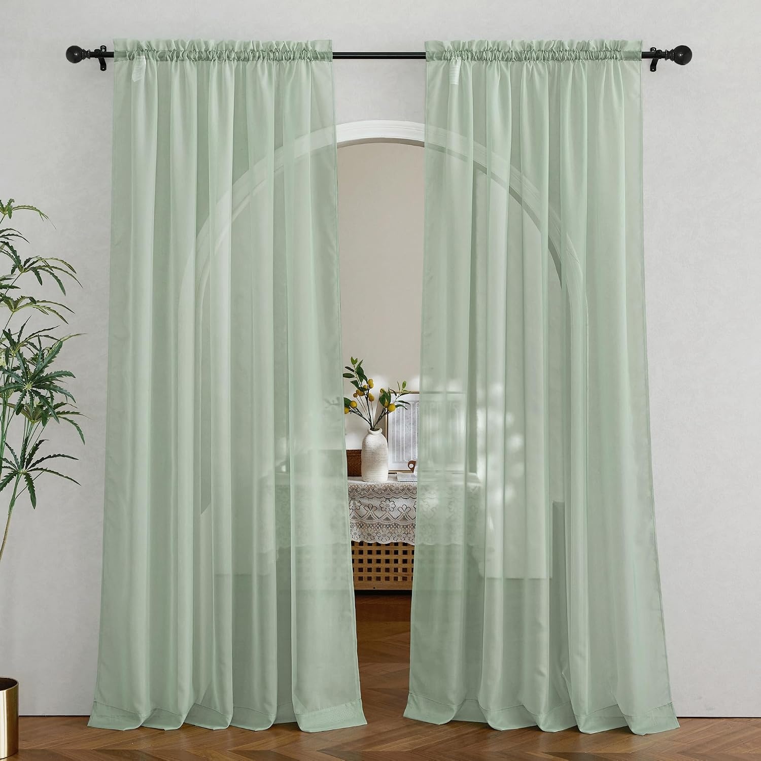 image:imageNICETOWN White Sheer Curtains 80 inches Long Rod Pocket Chic Soft Voile Sheer Light Filtering Doorway Window Curtains amp Drapes for Living RoomPorch 4 Panels White W54 x L80Sage Green