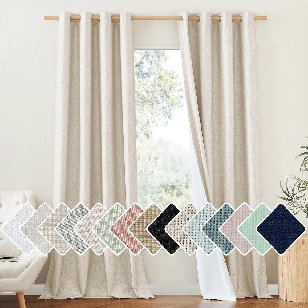 image:imageNICETOWN 100 Absolutely Blackout Linen Curtains with Thermal Insulated White Liner 52 W 2 PCs Beige 102 Long Drapes Sweep The Floor Decorative Keep Privacy Panels for Living RoomVillaBedroom