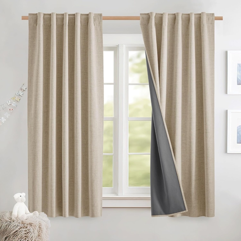 image:imageNICETOWN 100 Blackout Linen Curtains for BedroomLiving Room 90 L 2 PCsBeige