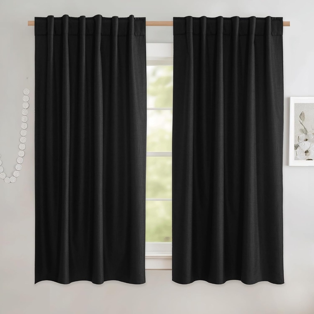 image:imageNICETOWN 100 Blackout Linen Curtains for BedroomLiving Room 90 L 2 PCsBlack