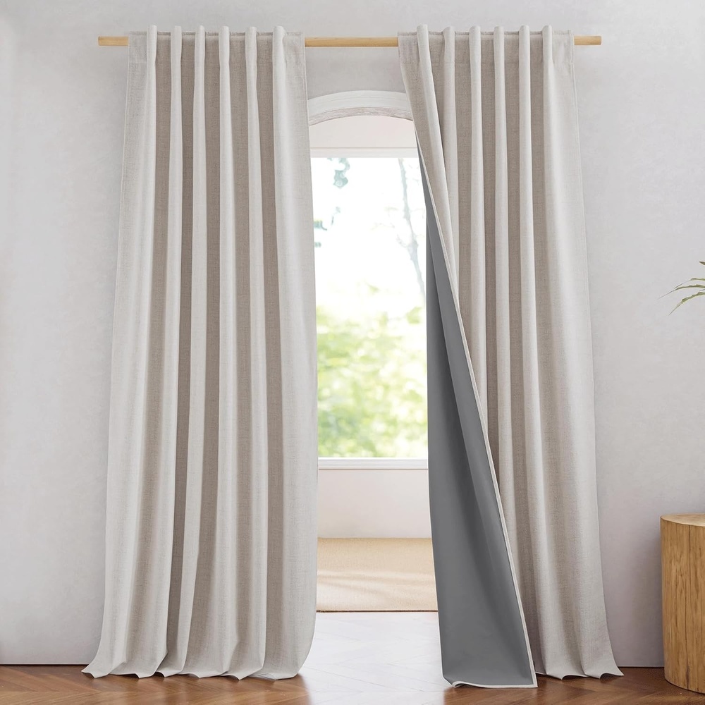 image:imageNICETOWN 100 Blackout Linen Curtains for BedroomLiving Room 90 L 2 PCsNatural Birch