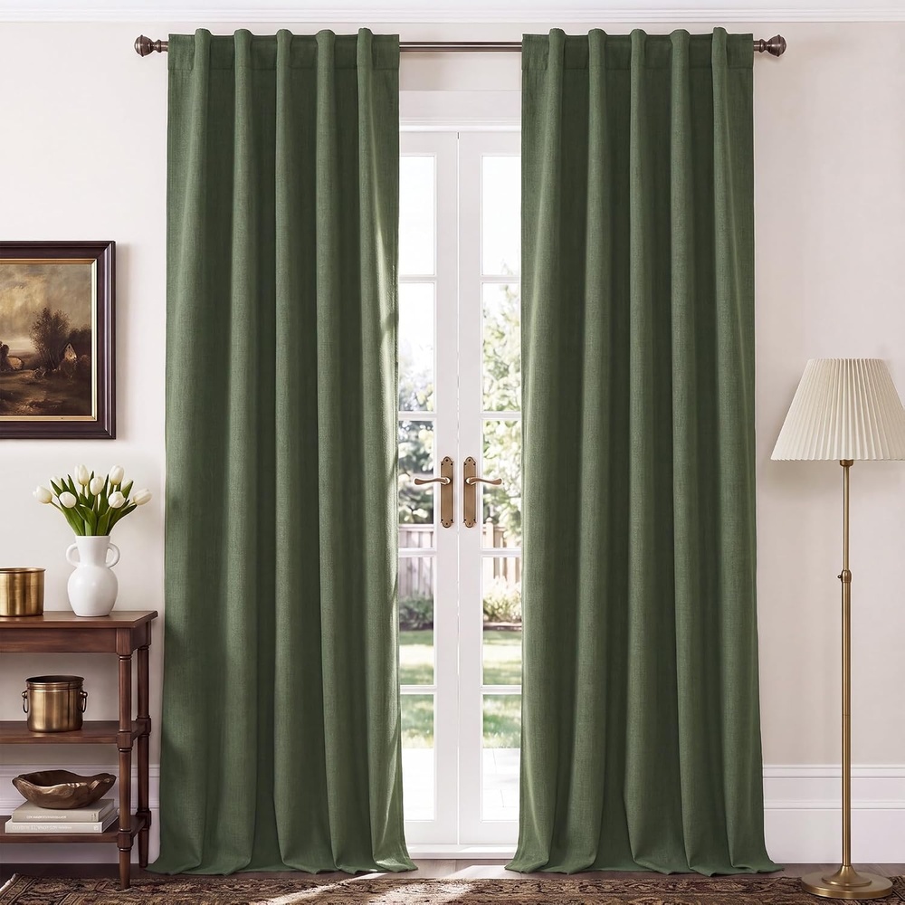 image:imageNICETOWN 100 Blackout Linen Curtains for BedroomLiving Room 90 L 2 PCsOlive Green