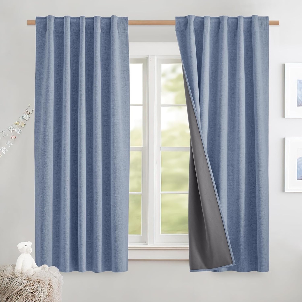 image:imageNICETOWN 100 Blackout Linen Curtains for BedroomLiving Room 90 L 2 PCsStone Blue
