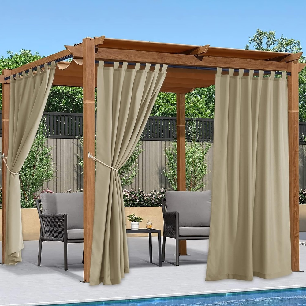 image:imageNICETOWN 2 Panels Outdoor Curtains for Patio Waterproof Vertical Blind Detachable Sticky Tab Top Thermal Insulated Privacy Protected Outdoor Divider Window Treatment for Pergola W52 x L108Inch TanTaupe