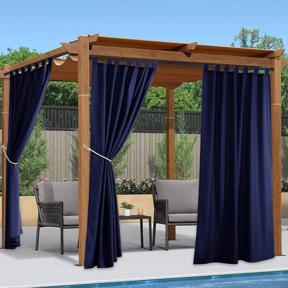 image:imageNICETOWN 2 Panels Outdoor Curtains for Patio Waterproof Vertical Blind Detachable Sticky Tab Top Thermal Insulated Privacy Protected Outdoor Divider Window Treatment for Pergola W52 x L108Inch TanDark Blue