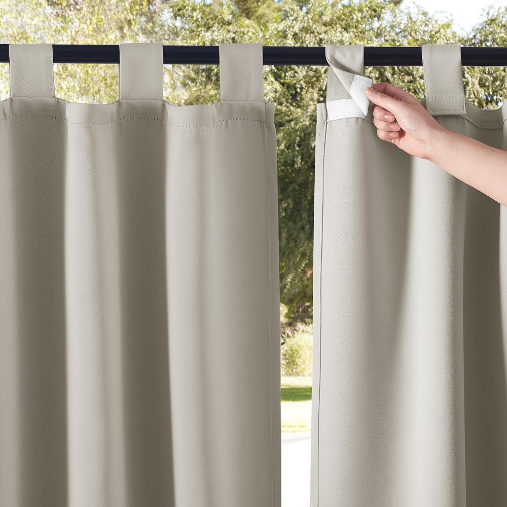 image:imageNICETOWN 2 Panels Outdoor Curtains for Patio Waterproof Vertical Blind Detachable Sticky Tab Top Thermal Insulated Privacy Protected Outdoor Divider Window Treatment for Pergola W52 x L108Inch TanNatural