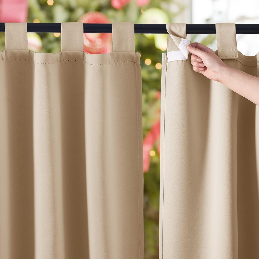 image:imageNICETOWN 2 Panels Outdoor Curtains for Patio Waterproof Vertical Blind Detachable Sticky Tab Top Thermal Insulated Privacy Protected Outdoor Divider Window Treatment for Pergola W52 x L108Inch TanBiscotti Beige