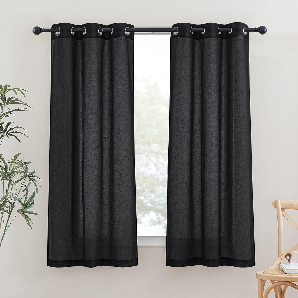 image:imageNICETOWN Linen Textured Semi Sheer Bedroom Curtains Grommet Top Casual Thick Semitransparent Flax Sheer Window Treatment Privacy for Living Room Camel W52 x L72 Sold by 2 PanelsBlack
