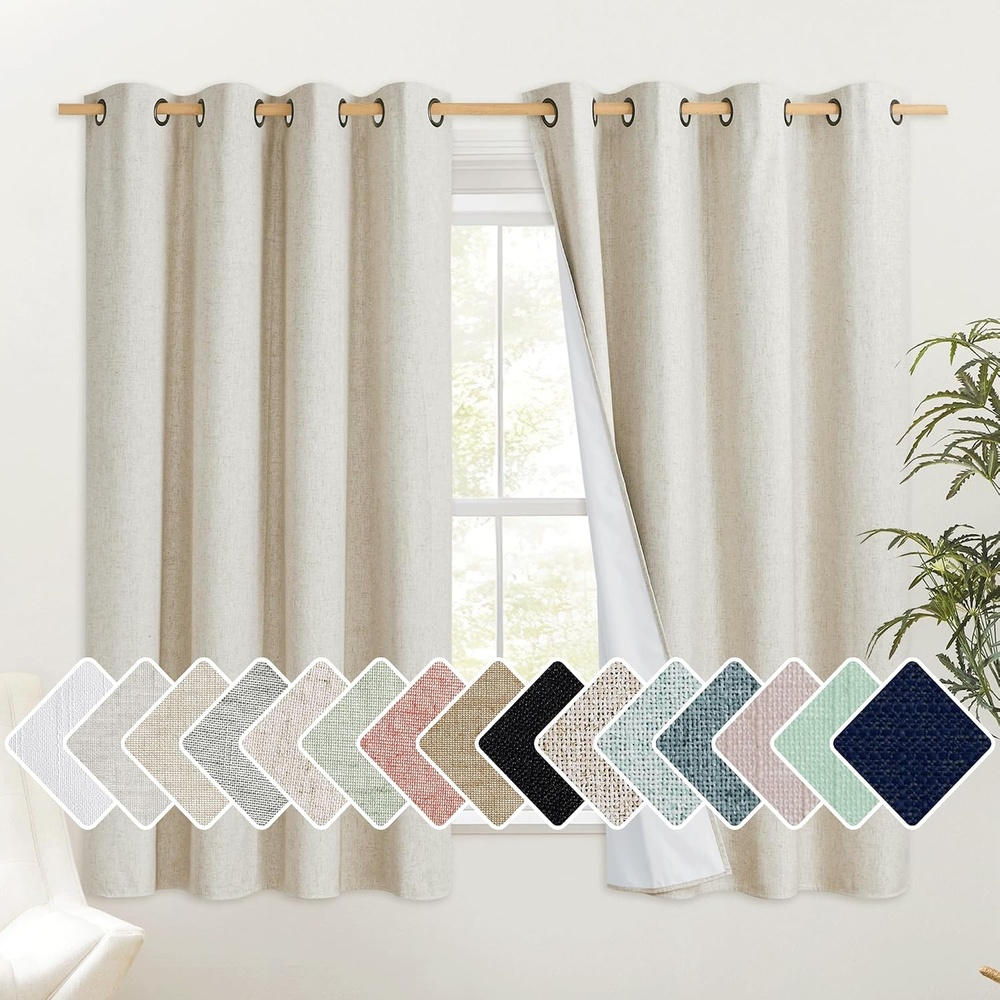 image:imageNICETOWN Natural 100 Blackout Short Curtains 63 inches Lenghth Burg for Kitchen 2 Panels Burlap Linen Drapes with Thermal Insulated White Liner Keeping Out Cold Air and Heat Panels