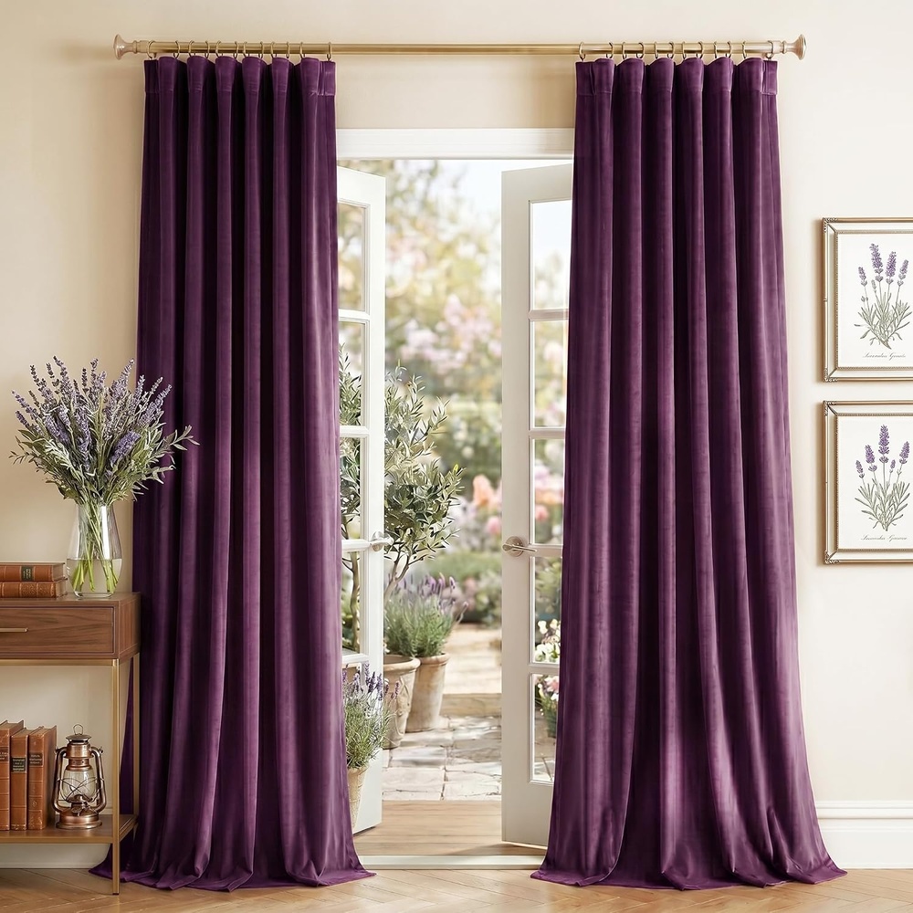 image:imageNICETOWN Olive Green Velvet Blackout Curtains 84 Long 52 Wide 2 PanelsDark Purple
