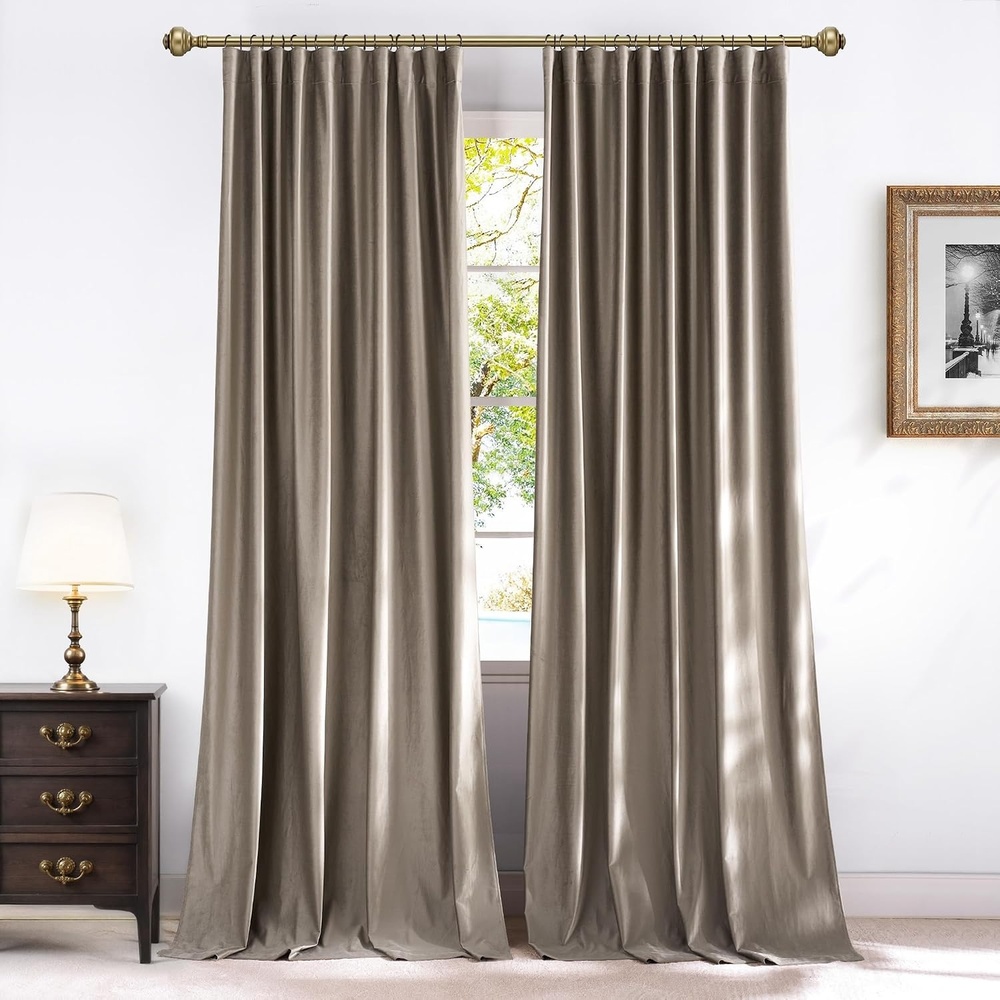 image:imageNICETOWN Olive Green Velvet Blackout Curtains 84 Long 52 Wide 2 PanelsTaupe