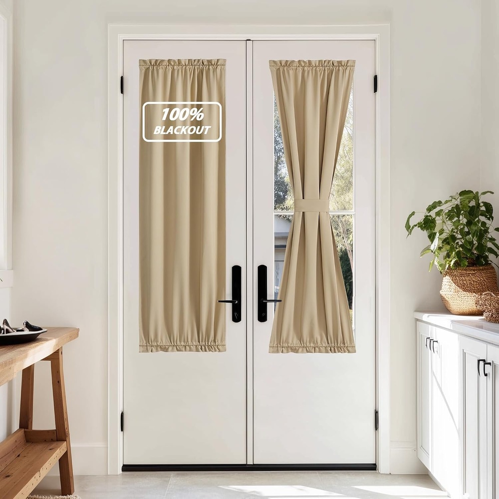 image:imageNICETOWN Stone Blue Blackout Door Curtains with Tieback for French Window100 Blackout Biscotti Beige
