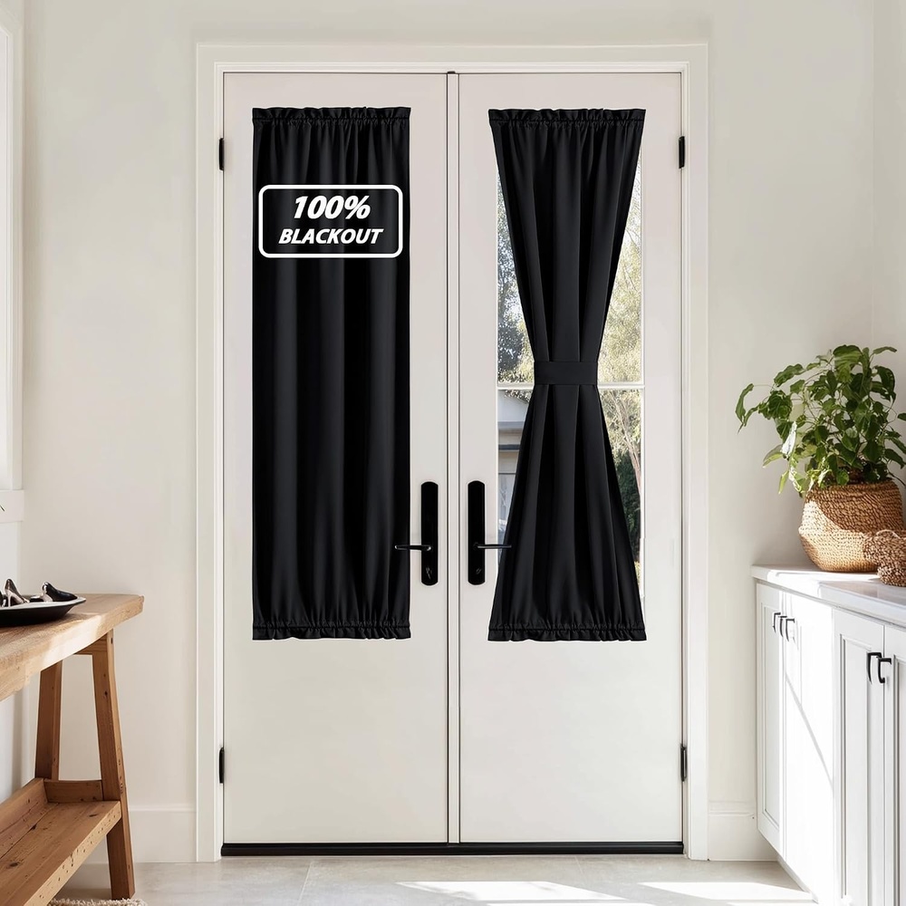 image:imageNICETOWN Stone Blue Blackout Door Curtains with Tieback for French Window100 Blackout Black