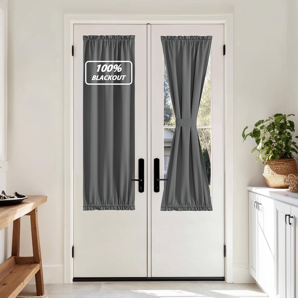 image:imageNICETOWN Stone Blue Blackout Door Curtains with Tieback for French Window100 Blackout Grey