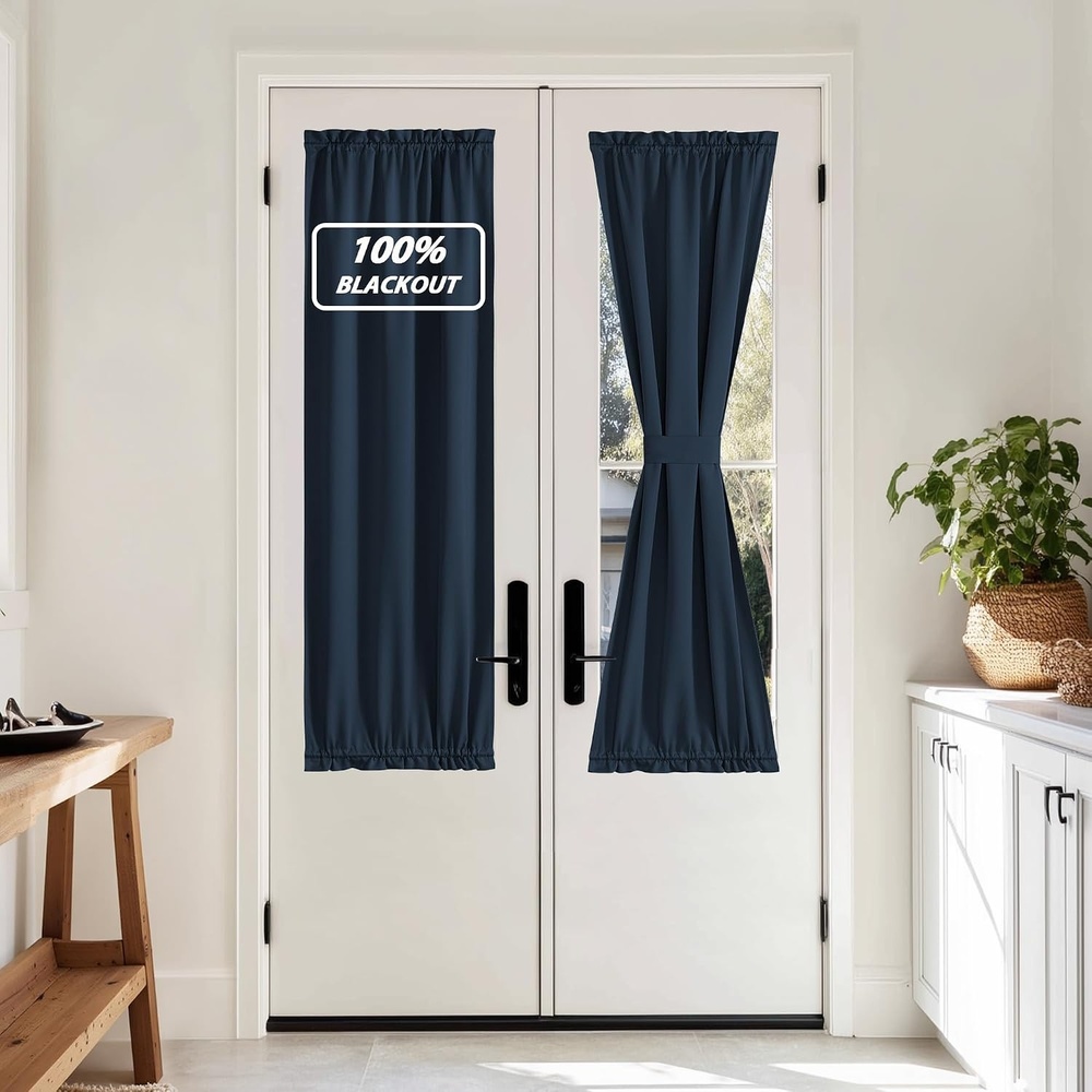 image:imageNICETOWN Stone Blue Blackout Door Curtains with Tieback for French Window100 Blackout Navy Blue