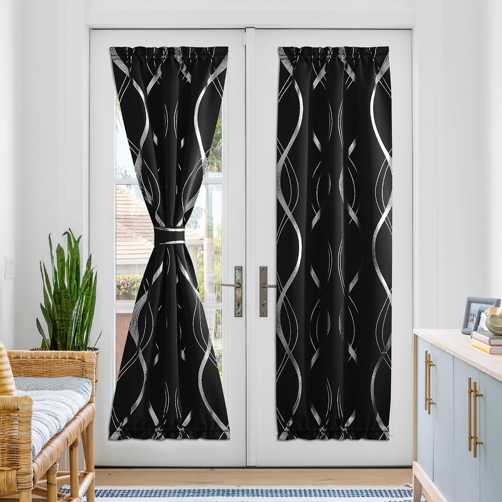 image:imageNICETOWN Stone Blue Blackout Door Curtains with Tieback for French WindowFoil Black