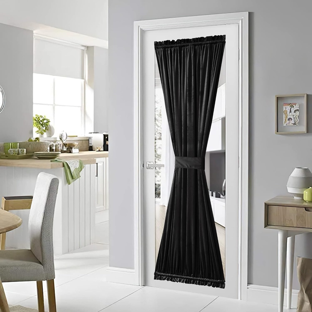 image:imageNICETOWN Stone Blue Blackout Door Curtains with Tieback for French WindowVelvetblack