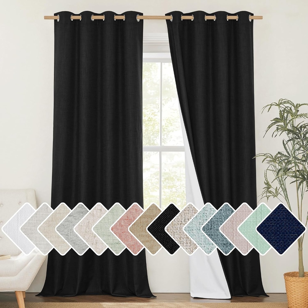 image:imageNICETOWN Vintage Open Linen Weave Flax Thermal Curtains 100 Blackout Curtains 108 inches Long for Dining Room Soundproof Window Treatment Drapes for Hall Room Black 52 Wide Per Panel Set of 2