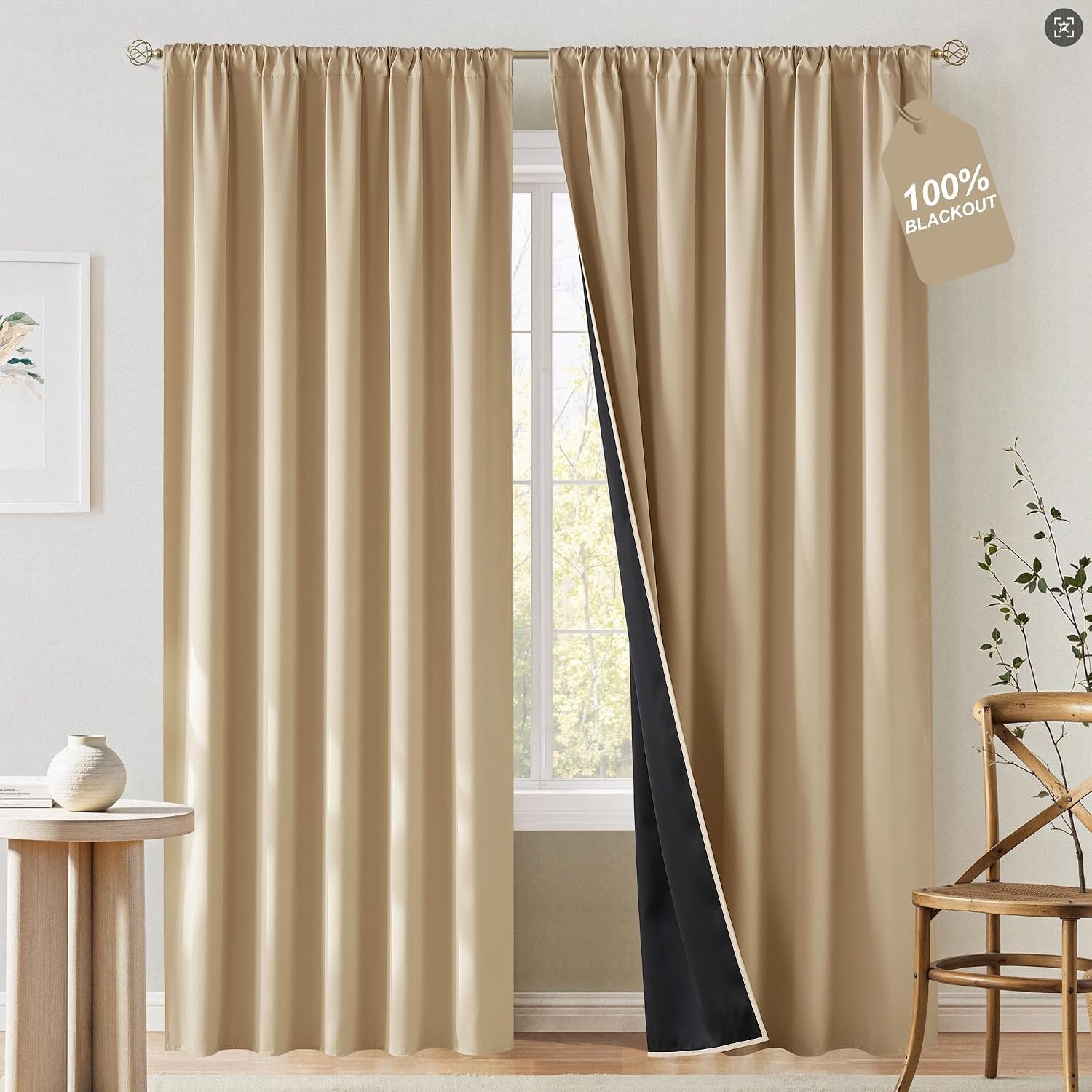 image:imageNICETOWN 100 Black Out Curtains 84 Inch Long W52xL84 2 PanelsBiscotti Beige