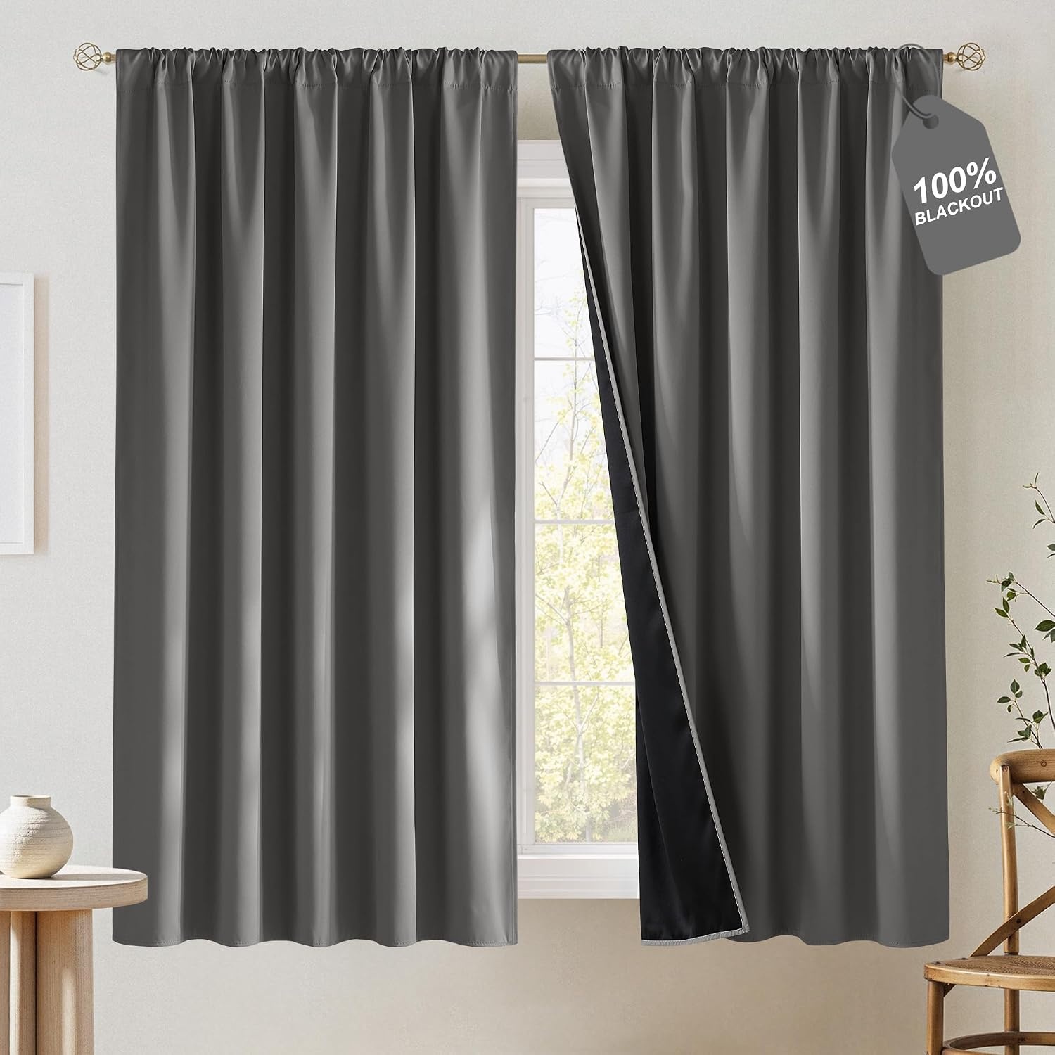 image:imageNICETOWN 100 Black Out Curtains 84 Inch Long W52xL84 2 PanelsGrey
